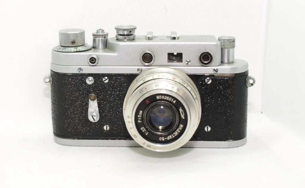 Close-up of Industar-50 50mm f/3.5 lens on ZORKI 2C camera