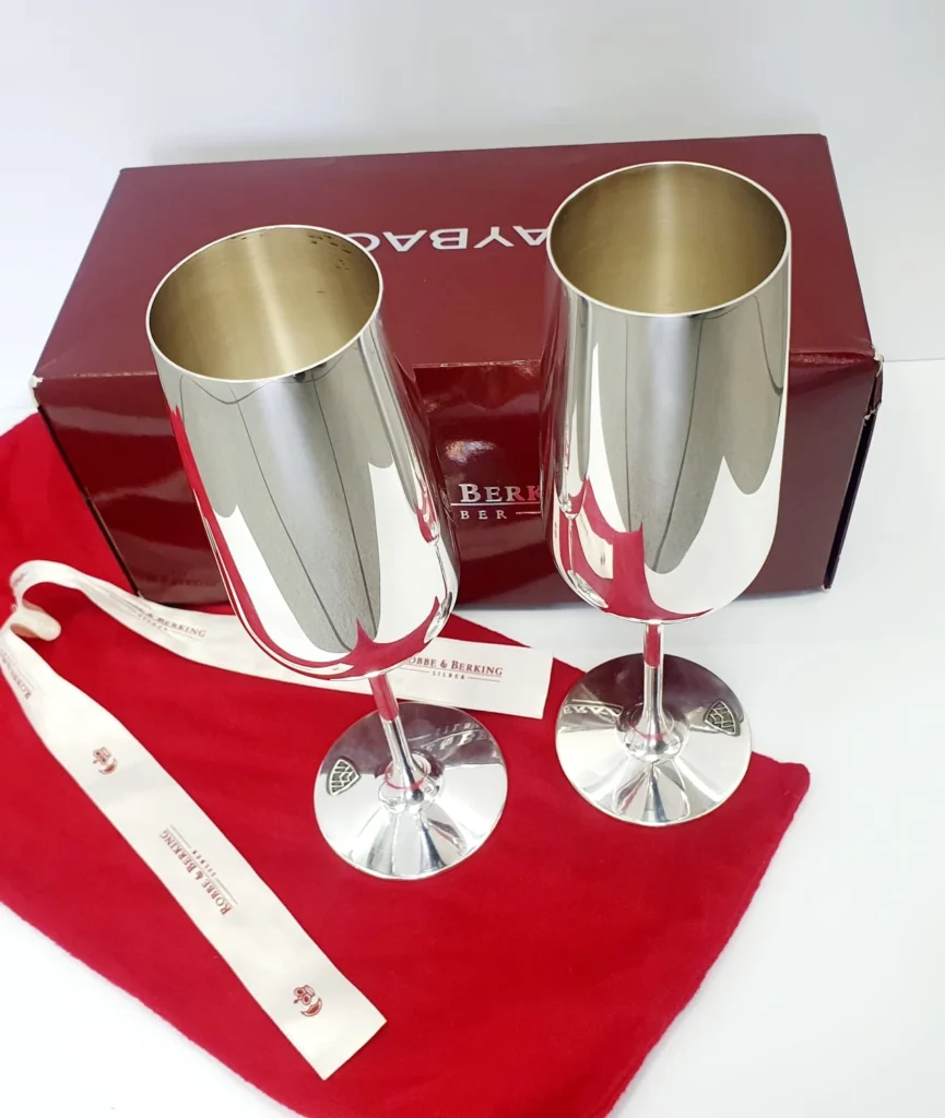 Two Robbe & Berking Maybach champagne flutes silver plated set